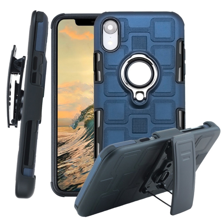 

For iPhone XR 3 In 1 Cube PC + TPU Protective Case with 360 Degrees Rotate Silver Ring Holder(Navy Blue)