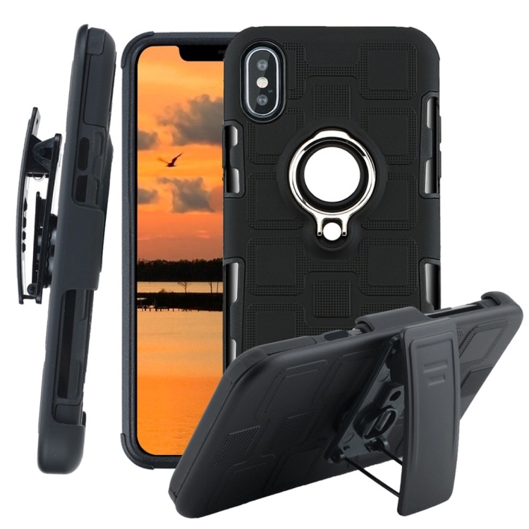 

For iPhone XS Max 3 In 1 Cube PC + TPU Protective Case with 360 Degrees Rotate Silver Ring Holder(Black)
