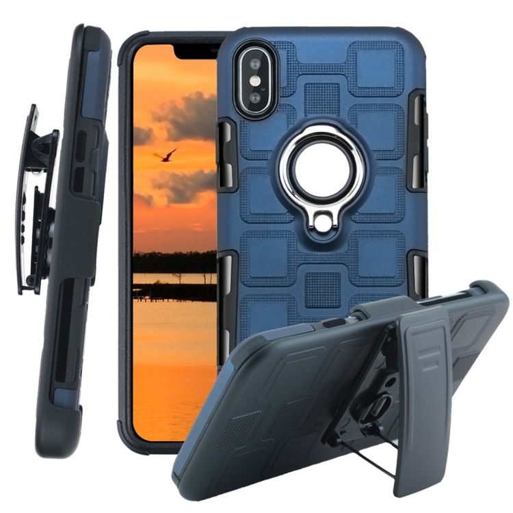 

For iPhone XS Max 3 In 1 Cube PC + TPU Protective Case with 360 Degrees Rotate Silver Ring Holder(Navy Blue)