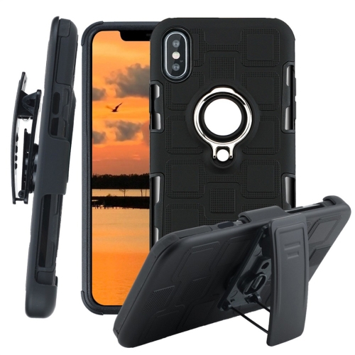 

For iPhone XS 3 In 1 Cube PC + TPU Protective Case with 360 Degrees Rotate Silver Ring Holder(Black)