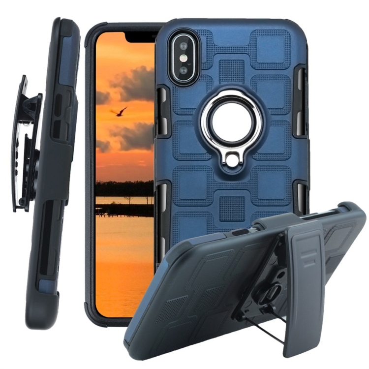 

For iPhone XS 3 In 1 Cube PC + TPU Protective Case with 360 Degrees Rotate Silver Ring Holder(Navy Blue)