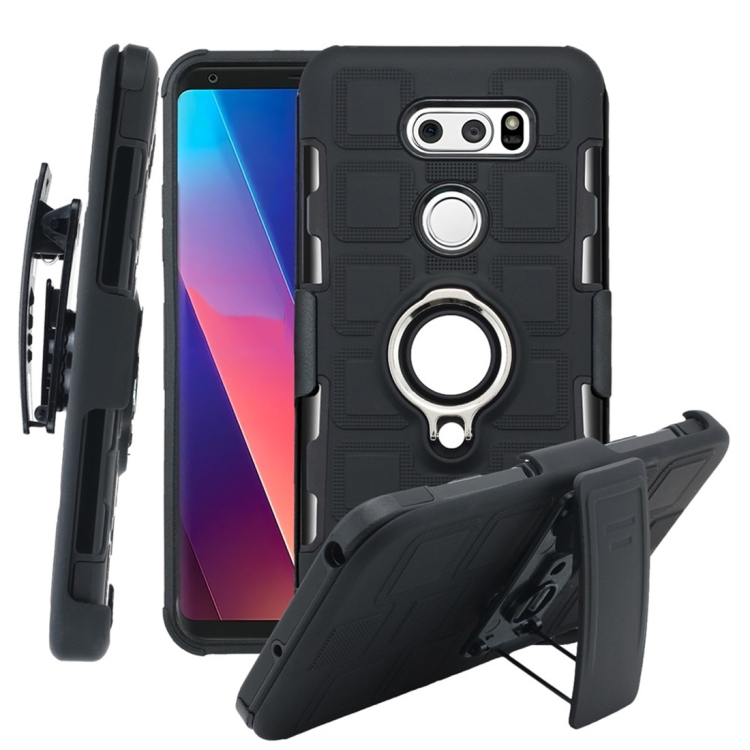 

For LG V30 3 In 1 Cube PC + TPU Protective Case with 360 Degrees Rotate Silver Ring Holder(Black)