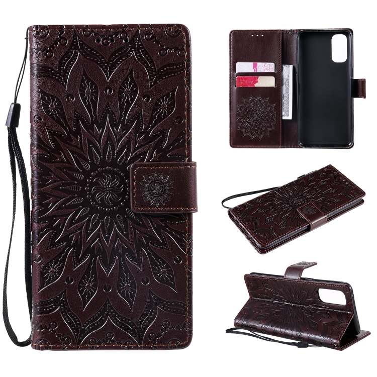 

For OPPO Reno4 Sun Embossing Pattern Horizontal Flip Leather Case with Card Slot & Holder & Wallet & Lanyard(Brown)