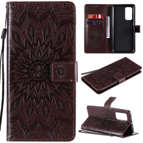 

For Xiaomi Mi 10T / 10T Pro Sun Embossing Pattern Horizontal Flip Leather Case with Card Slot & Holder & Wallet & Lanyard(Brown)