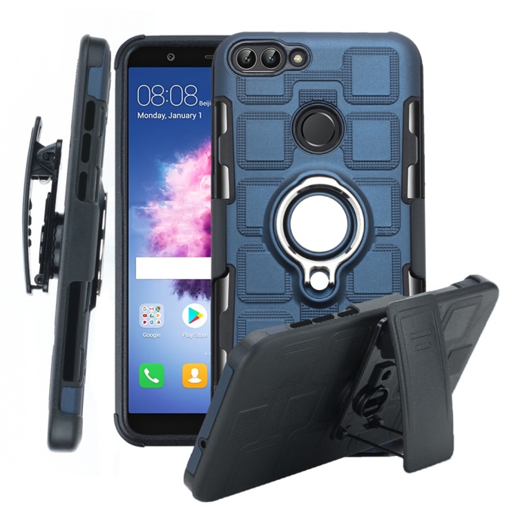 

For Huawei P Smart / Enjoy 7s 3 In 1 Cube PC + TPU Protective Case with 360 Degrees Rotate Silver Ring Holder(Navy Blue)