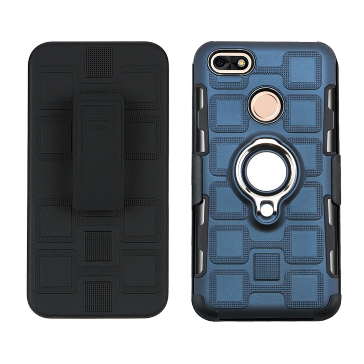 

For Huawei P9 lite mini 3 In 1 Cube PC + TPU Protective Case with 360 Degrees Rotate Silver Ring Holder(Navy Blue)
