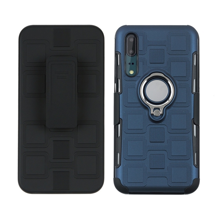 

For Huawei P20 3 In 1 Cube PC + TPU Protective Case with 360 Degrees Rotate Silver Ring Holder(Navy Blue)