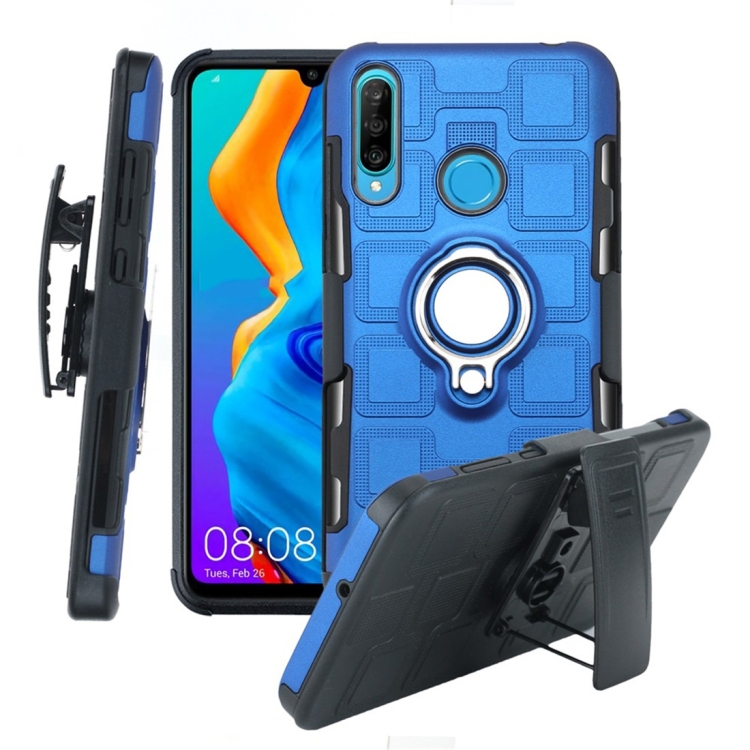 

For Huawei P30 Lite 3 In 1 Cube PC + TPU Protective Case with 360 Degrees Rotate Silver Ring Holder(Blue)