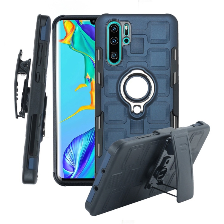 

For Huawei P30 Pro 3 In 1 Cube PC + TPU Protective Case with 360 Degrees Rotate Silver Ring Holder(Navy Blue)