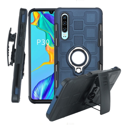 

For Huawei P30 3 In 1 Cube PC + TPU Protective Case with 360 Degrees Rotate Silver Ring Holder(Navy Blue)