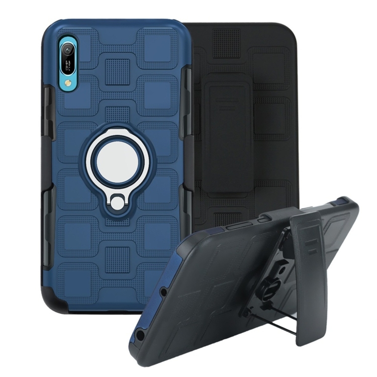 

For Huawei Y6 Pro (2019) 3 In 1 Cube PC + TPU Protective Case with 360 Degrees Rotate Silver Ring Holder(Navy Blue)