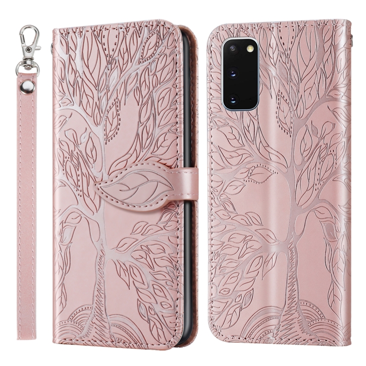 

For Samsung Galaxy S20 Life of Tree Embossing Pattern Horizontal Flip Leather Case with Holder & Card Slot & Wallet & Photo Frame & Lanyard(Rose Gold)