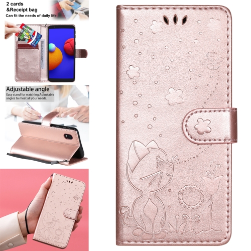 

For Samsung Galaxy A01 Core Cat Bee Embossing Pattern Shockproof Horizontal Flip Leather Case with Holder & Card Slots & Wallet(Rose Gold)