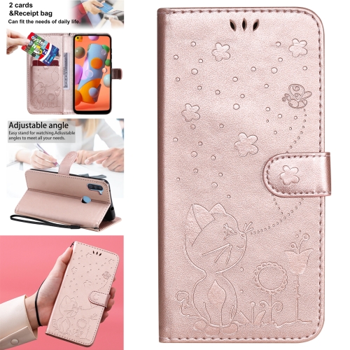 

For Samsung Galaxy A11 Cat Bee Embossing Pattern Shockproof Horizontal Flip Leather Case with Holder & Card Slots & Wallet(Rose Gold)