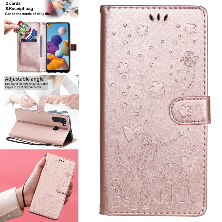 

For Samsung Galaxy A21 Cat Bee Embossing Pattern Shockproof Horizontal Flip Leather Case with Holder & Card Slots & Wallet(Rose Gold)