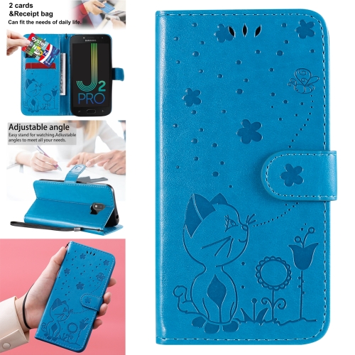 

For Samsung Galaxy J2 Pro(2018) Cat Bee Embossing Pattern Shockproof Horizontal Flip Leather Case with Holder & Card Slots & Wallet(Blue)