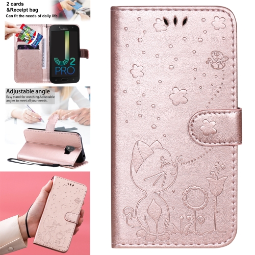 

For Samsung Galaxy J2 Pro(2018) Cat Bee Embossing Pattern Shockproof Horizontal Flip Leather Case with Holder & Card Slots & Wallet(Rose Gold)