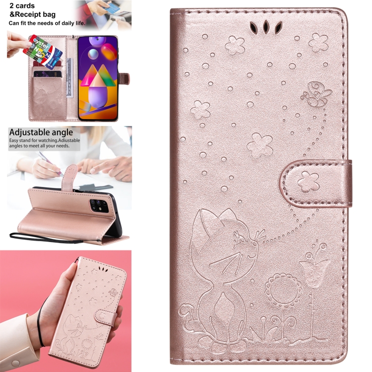 

For Samsung Galaxy M31s Cat Bee Embossing Pattern Shockproof Horizontal Flip Leather Case with Holder & Card Slots & Wallet(Rose Gold)