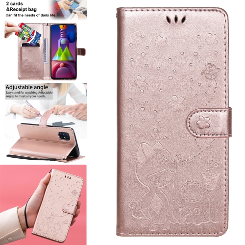 

For Samsung Galaxy M51 Cat Bee Embossing Pattern Shockproof Horizontal Flip Leather Case with Holder & Card Slots & Wallet(Rose Gold)