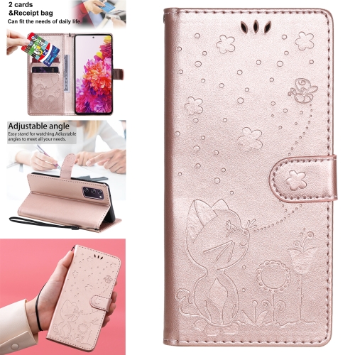 

For Samsung Galaxy S20 FE Cat Bee Embossing Pattern Shockproof Horizontal Flip Leather Case with Holder & Card Slots & Wallet(Rose Gold)