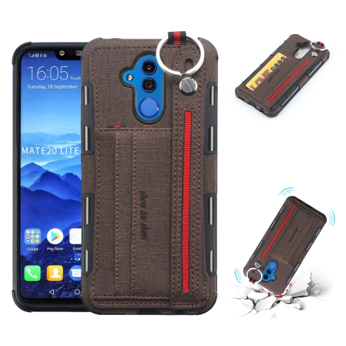 

For Huawei Mate 20 Lite Cloth Texture + TPU Shockproof Protective Case with Metal Ring & Holder & Card Slots & Hanging Strap(Coffee)