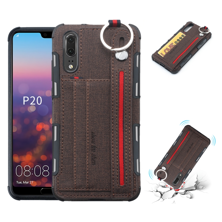 

For Huawei P20 Cloth Texture + TPU Shockproof Protective Case with Metal Ring & Holder & Card Slots & Hanging Strap(Coffee)