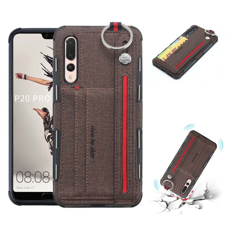 

For Huawei P20 Pro Cloth Texture + TPU Shockproof Protective Case with Metal Ring & Holder & Card Slots & Hanging Strap(Coffee)
