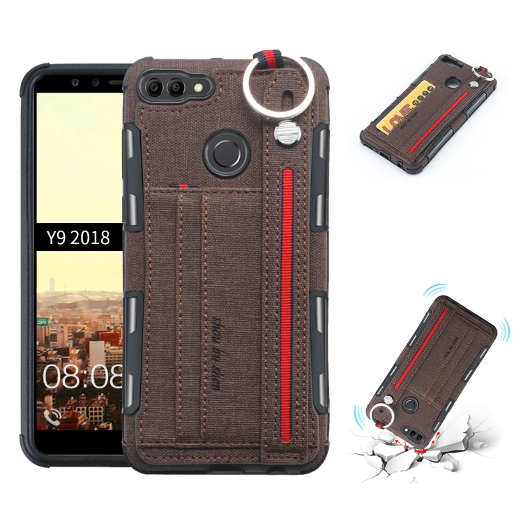 

For Huawei Y9 (2018) Cloth Texture + TPU Shockproof Protective Case with Metal Ring & Holder & Card Slots & Hanging Strap(Coffee)