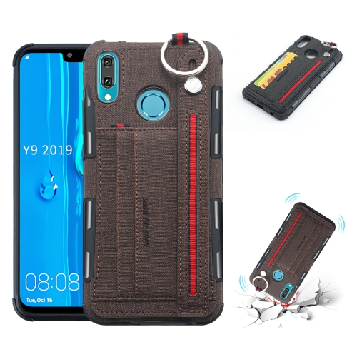 

For Huawei Y9 (2019) / Enjoy 9 Plus Cloth Texture + TPU Shockproof Protective Case with Metal Ring & Holder & Card Slots & Hanging Strap(Coffee)