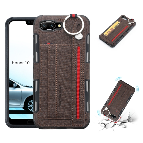 

For Huawei Honor 10 Cloth Texture + TPU Shockproof Protective Case with Metal Ring & Holder & Card Slots & Hanging Strap(Coffee)