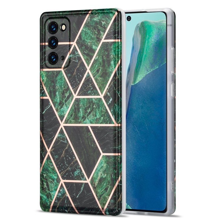 

For Samsung Galaxy Note20 Electroplating Stitching Marbled IMD Stripe Straight Edge Rubik Cube Phone Protective Case(Emerald Green)