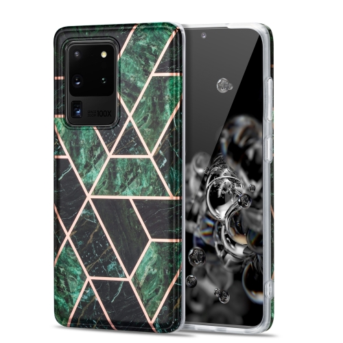 

For Samsung Galaxy S20 Ultra Electroplating Stitching Marbled IMD Stripe Straight Edge Rubik Cube Phone Protective Case(Emerald Green)