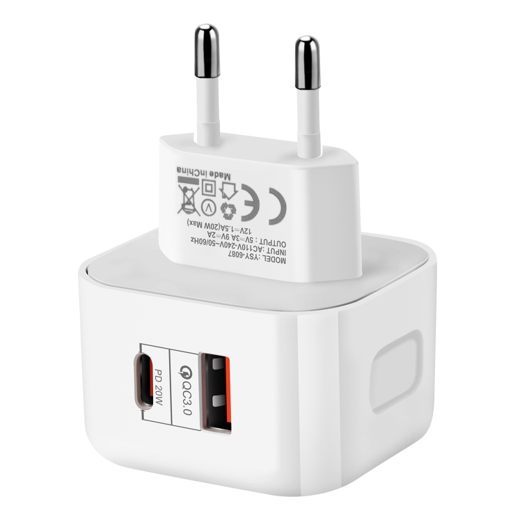 

YSY-6087 20W PD + QC 3.0 Dual Ports Travel Charger Power Adapter, EU Plug