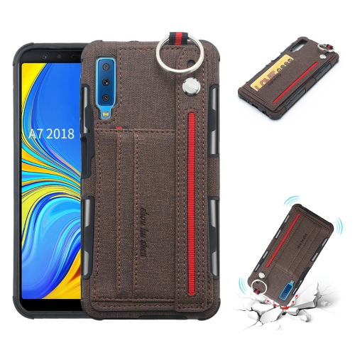 

For Galaxy A7 (2018) Cloth Texture + TPU Shockproof Protective Case with Metal Ring & Holder & Card Slots & Hanging Strap(Coffee)