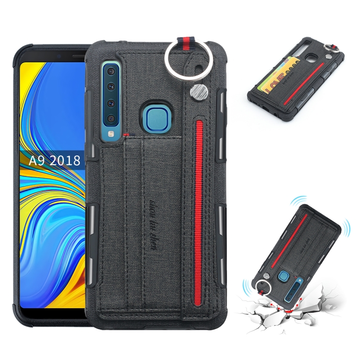 

For Galaxy A9 (2018) / A9s Cloth Texture + TPU Shockproof Protective Case with Metal Ring & Holder & Card Slots & Hanging Strap(Black)
