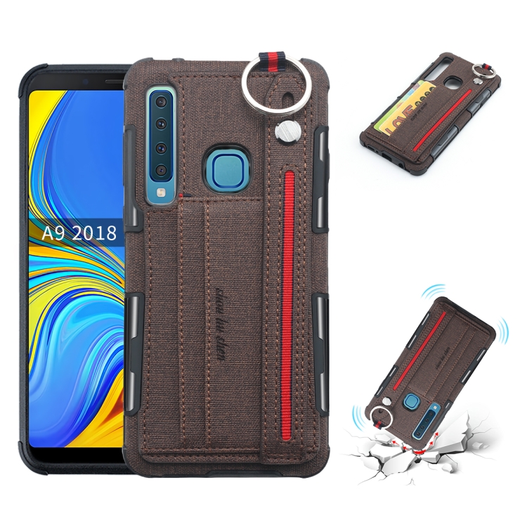 

For Galaxy A9 (2018) / A9s Cloth Texture + TPU Shockproof Protective Case with Metal Ring & Holder & Card Slots & Hanging Strap(Coffee)