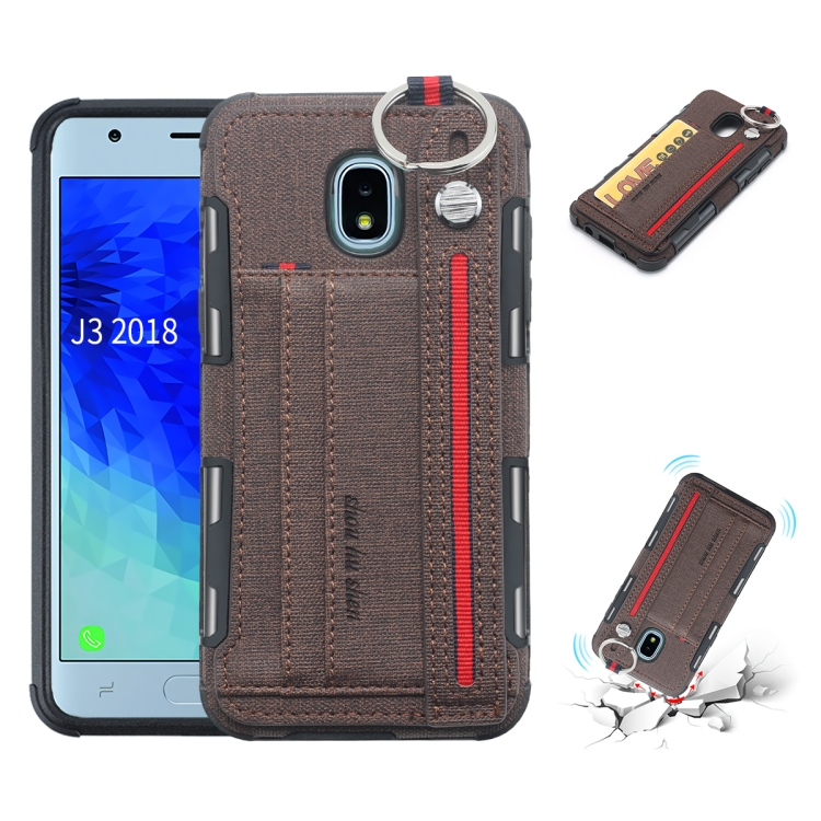 

For Galaxy J3 (2018) Cloth Texture + TPU Shockproof Protective Case with Metal Ring & Holder & Card Slots & Hanging Strap(Coffee)