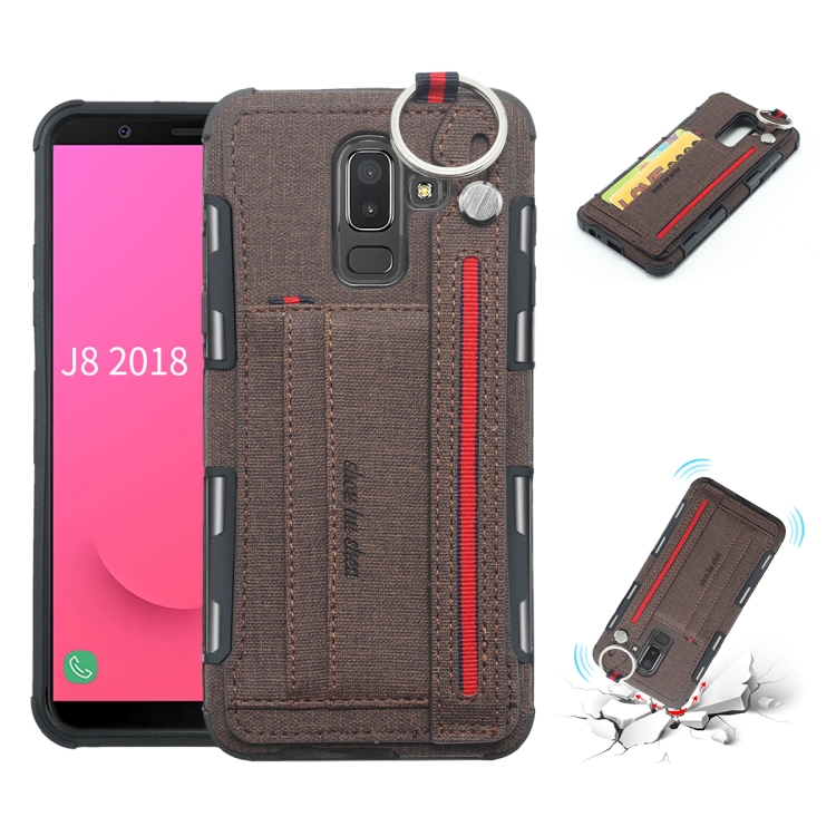 

For Galaxy J8 (2018) Cloth Texture + TPU Shockproof Protective Case with Metal Ring & Holder & Card Slots & Hanging Strap(Coffee)