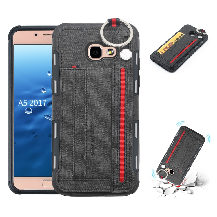 

For Galaxy A5 (2017) Cloth Texture + TPU Shockproof Protective Case with Metal Ring & Holder & Card Slots & Hanging Strap(Black)