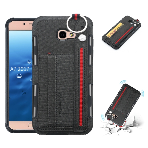 

For Galaxy A7 (2017) Cloth Texture + TPU Shockproof Protective Case with Metal Ring & Holder & Card Slots & Hanging Strap(Black)