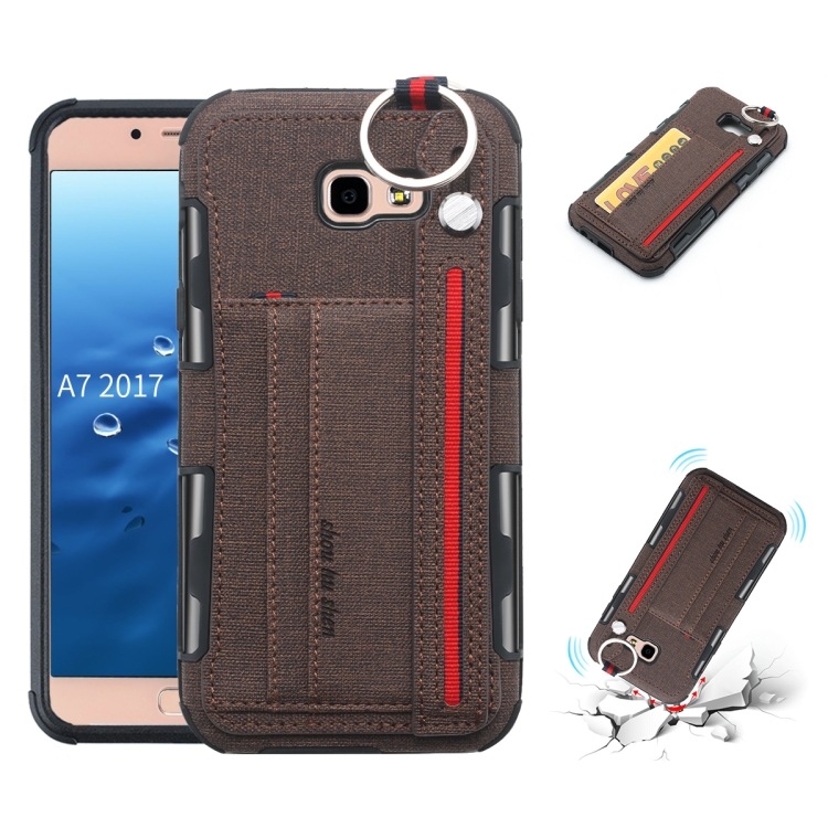 

For Galaxy A7 (2017) Cloth Texture + TPU Shockproof Protective Case with Metal Ring & Holder & Card Slots & Hanging Strap(Coffee)