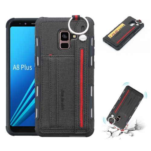 

For Galaxy A8+ (2018) Cloth Texture + TPU Shockproof Protective Case with Metal Ring & Holder & Card Slots & Hanging Strap(Black)