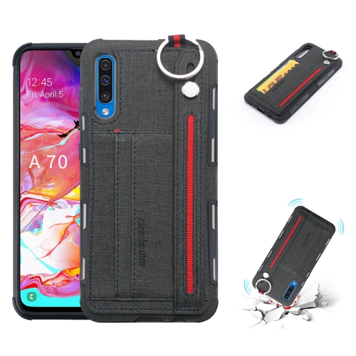 

For Galaxy A70 Cloth Texture + TPU Shockproof Protective Case with Metal Ring & Holder & Card Slots & Hanging Strap(Black)