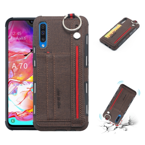 

For Galaxy A70 Cloth Texture + TPU Shockproof Protective Case with Metal Ring & Holder & Card Slots & Hanging Strap(Coffee)