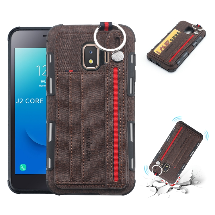 

For Galaxy J2 Core Cloth Texture + TPU Shockproof Protective Case with Metal Ring & Holder & Card Slots & Hanging Strap(Coffee)