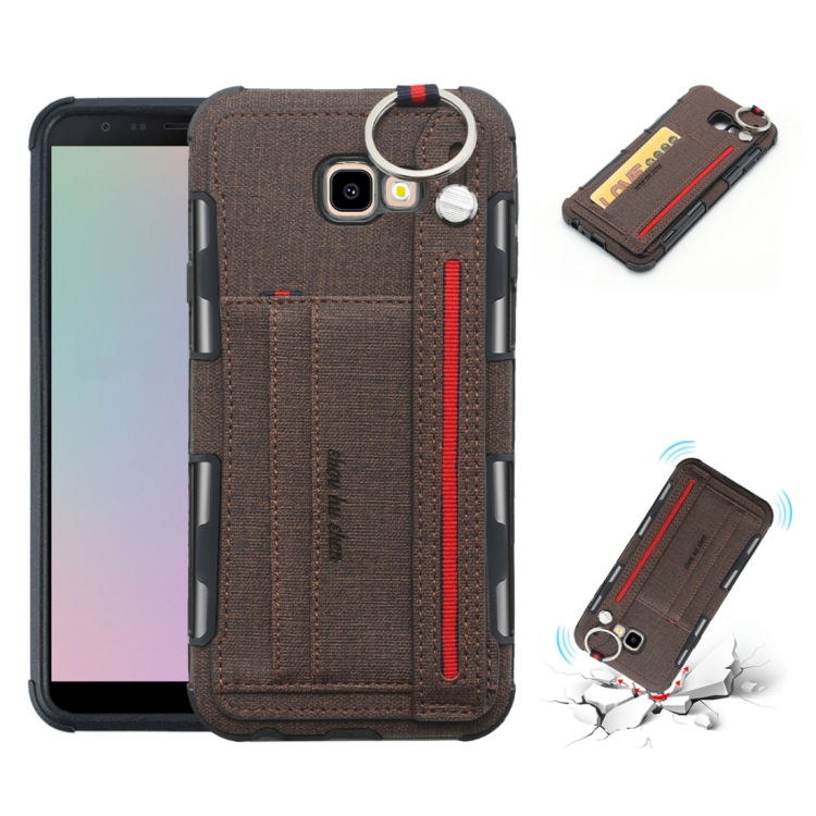 

For Galaxy J4+ Cloth Texture + TPU Shockproof Protective Case with Metal Ring & Holder & Card Slots & Hanging Strap(Coffee)