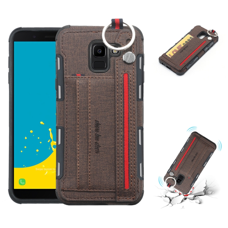 

For Galaxy J6 (2018) Cloth Texture + TPU Shockproof Protective Case with Metal Ring & Holder & Card Slots & Hanging Strap(Coffee)