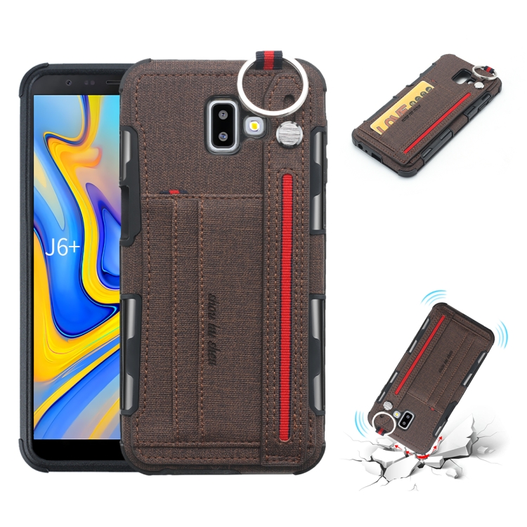 

For Galaxy J6+ Cloth Texture + TPU Shockproof Protective Case with Metal Ring & Holder & Card Slots & Hanging Strap(Coffee)