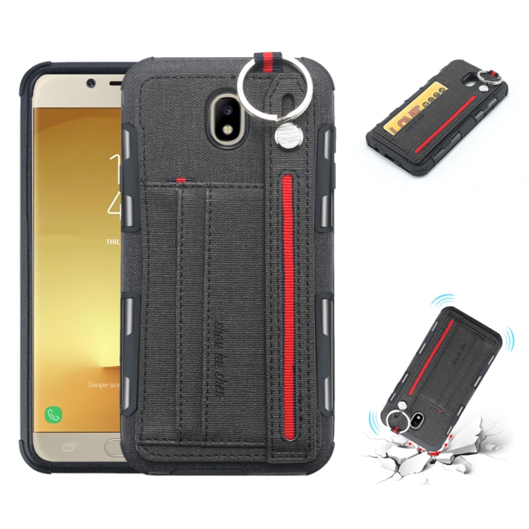 

For Galaxy J7 (2017) Cloth Texture + TPU Shockproof Protective Case with Metal Ring & Holder & Card Slots & Hanging Strap(Black)