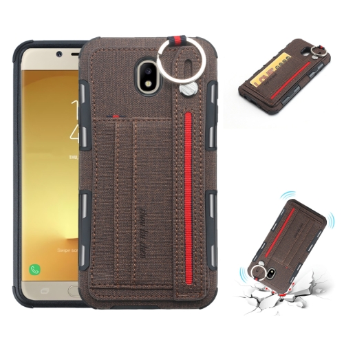 

For Galaxy J7 (2017) Cloth Texture + TPU Shockproof Protective Case with Metal Ring & Holder & Card Slots & Hanging Strap(Coffee)